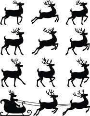 Black reindeer silhouettes in various poses white antlered