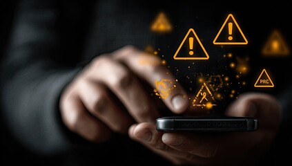 Mobile Phone Vulnerability Concept Featuring Glowing Warning Signs with Dark Background Hands Using Phone Representing Digital Security Threat and Cyberattack Prevention
