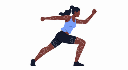 Dynamic dark-skinned woman running with nature and science themed body art, representing health, progress, and a blend of biology and wellness.