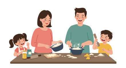 Happy family baking together, sharing joy and creating delicious memories in a heartwarming kitchen scene with parents and children.