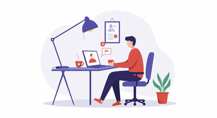 Young man working remotely from home office, using laptop for online communication, learning, or job search in a productive and comfortable workspace illustration.