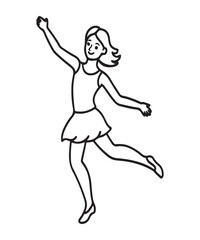 Line art drawing of a young woman dancing happily alone