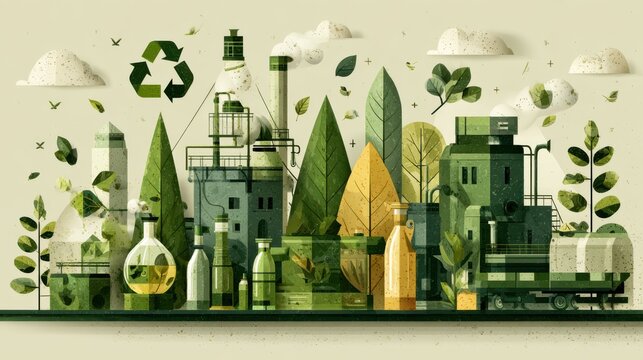Green Chemistry Manufacturing: Circular economy concept showing recycling symbols and green chemical processes in industrial plant with botanical elements  
