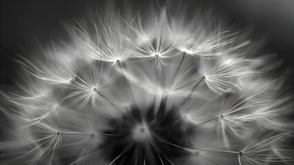 Naklejka premium Black and white Dandelion in the sun. Black and white abstract dandelion flower background, extreme closeup with soft focus.