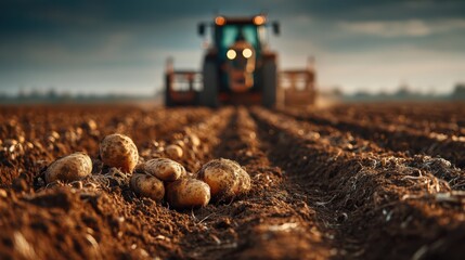 A wide panoramic view of a vast brown earth field prepared for potato cultivation under an open sky.