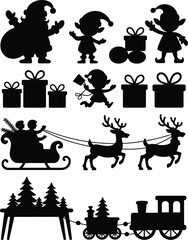 Christmas characters gifts sleigh reindeer train trees