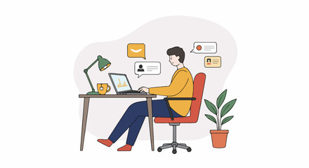 Remote work illustration: Man at desk with laptop, analyzing data, and engaging in online communication.