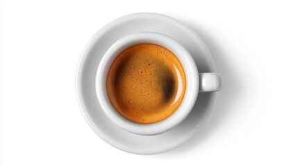 Top view of a freshly brewed cup of espresso coffee with rich crema, isolated on a clean white background, perfect for coffee, café, and beverage concept visuals