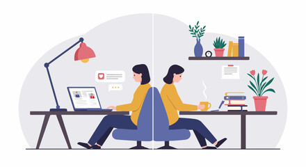 Digital Work vs. Mindful Break: A Woman Balancing Laptop Productivity with Relaxation and Learning in a Home Office Setting.