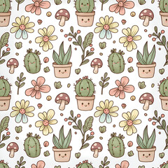Seamless Pattern of Cute Cacti Succulents Flowers and Mushrooms.