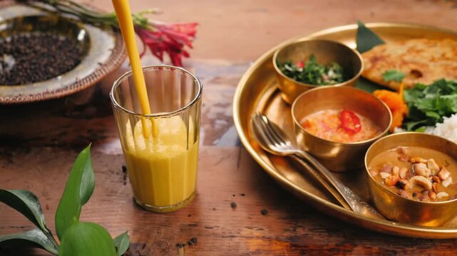 Assorted indian sri-lanka food set on wooden background. Dishes and appetisers of indeed cuisine, rice, lentils, paneer, samosa, spices, masala. Bowls and plates with indian food top view chicken