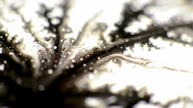 Extreme close-up macro video of dark black ink diffusing on a pristine white background, forming intricate fractal patterns with smooth bokeh. Concept of abstract fluid art