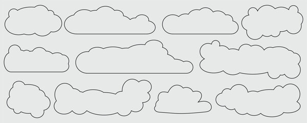 Set of cloud outlines. Simple cloud shapes, black outlines. Minimalist cloud design, varied cloud forms. Perfect for cloud-themed projects. Weather illustration, vector set.