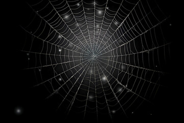 Fototapeta premium Spider web. Halloween. Intricate spider web glistens with dew drops, suspended in darkness, highlighting delicate craftsmanship of nature, creating mesmerizing visual effect