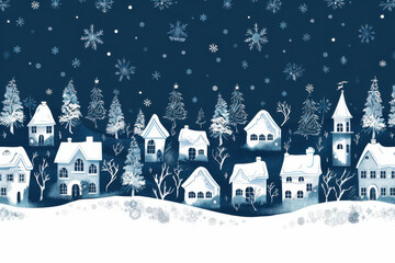 Fototapeta premium A charming winter village scene with white houses, trees, and snowflakes against a deep blue background, creating a festive atmosphere.