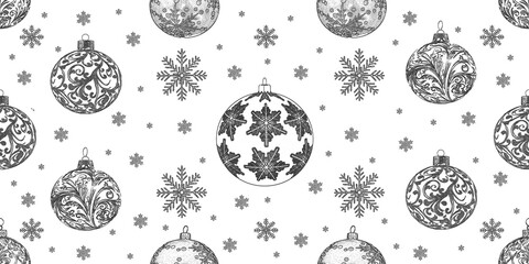 Seamless Christmas pattern with baubles and snowflakes on a transparent background. Ideal for festive designs and holiday decorations.