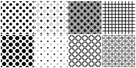 Set of black and white seamless patterns on a transparent background.