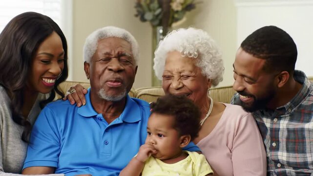 Heartwarming video of a joyful African American multi-generational family (baby in yellow, elders in blue/pink) on a plush sofa, smiling in a cozy, soft-lit home. Concept of family togetherness