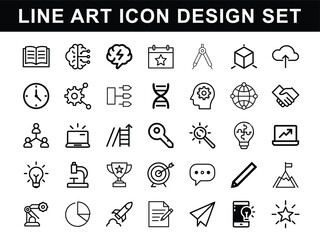 A comprehensive line art icon set representing various concepts like business education technology innovation and creativity for design projects