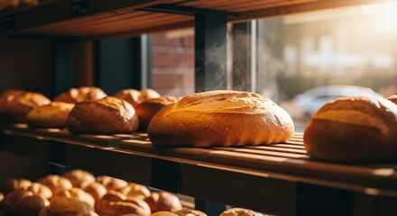 Freshly baked loaf of bread on a wooden shelf in a bakery. Warm steam rises from the golden crust, illuminated by natural light for food concept.