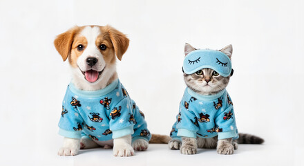 Puppy and kitten in blue pajamas posing for camera. Cute baby dog and cat for pet store advertisement or animal lover content.