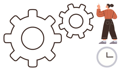 Woman gesturing toward large gears and a clock, symbolizing teamwork, productivity, time management, strategy, efficiency, planning, and process improvement. Clean simple flat metaphor