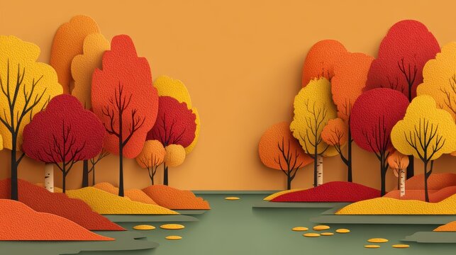 Autumn Nature: Peaceful park scene with colorful fall foliage oak and birch trees reflecting in calm pond with scattered leaves floating