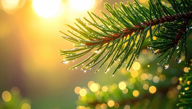 Detailed Close Up of Evergreen Branch with Water Droplets and Golden Bokeh Background