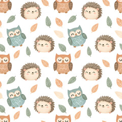 Adorable watercolor cartoon hedgehogs and owls with autumn leaves.