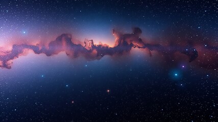 An expansive cosmic view shows a celestial nebula illuminated by distant stars against the deep blue void of space creating an ethereal and inspi image backdrop.