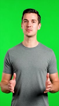 Young Man Speaking and Gesturing Confidently on Green Screen for Explainer Videos Presentations and Marketing Content Perfect for Chroma Key