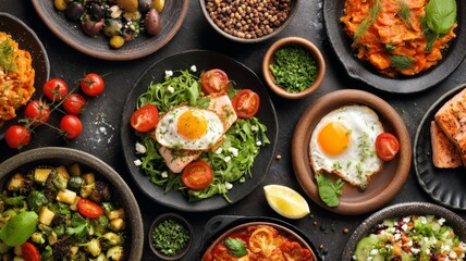 Top view of assorted healthy food dishes featuring fresh vegetables, colorful salads, whole grains, and nutritious ingredients on a wooden table