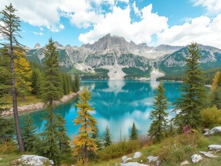 Serene turquoise alpine lake reflects snow-capped jagged mountains surrounded by evergreen trees and wildflowers under a partly cloudy blue sky in nature, quiet scene.