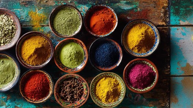 Vibrant Spice Palette: An inviting assortment of vivid spices, artfully presented in rustic bowls, infusing the scene with an aromatic allure that tantalizes the senses.