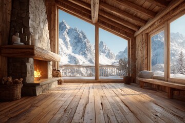 Fototapeta premium A cozy cabin interior with a fireplace and panoramic views of snow-capped mountains, creating a warm and inviting atmosphere for winter retreat.