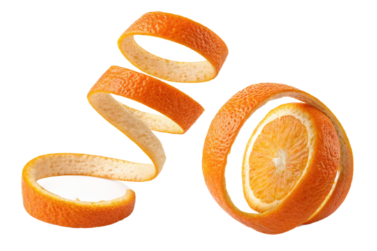 Two views of a fresh orange peel spiraled in a continuous curl in isolated white