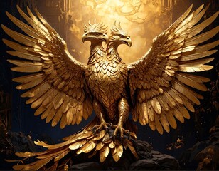 Majestic golden two-headed bird with outstretched wings