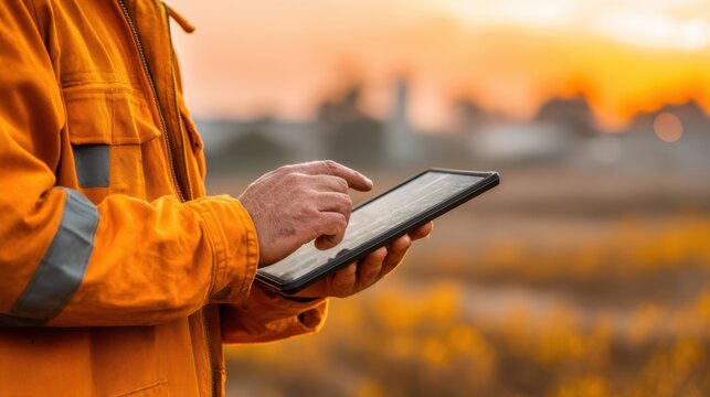 A worker uses a tablet to take GPS readings of a field boundary for precision agriculture and land management.