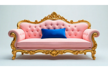 A luxurious, vintage-style sofa featuring a pink tufted upholstery and ornate golden accents. The sofa is adorned with a blue decorative pillow, set against a neutral background.