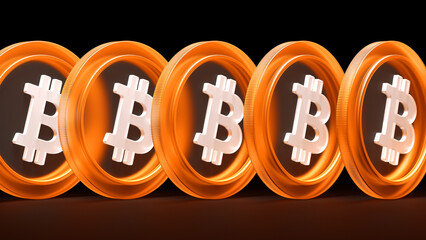 Cryptocurrency Bitcoin BTC colored glass tokens aligned on a black background. High-resolution 3D rendering of illustrative digital coins.