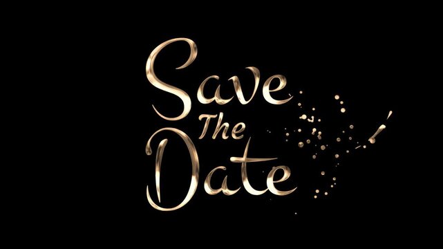 Golden "Save The Date" text with shimmering particles trailing off to the right, set against a solid black background.