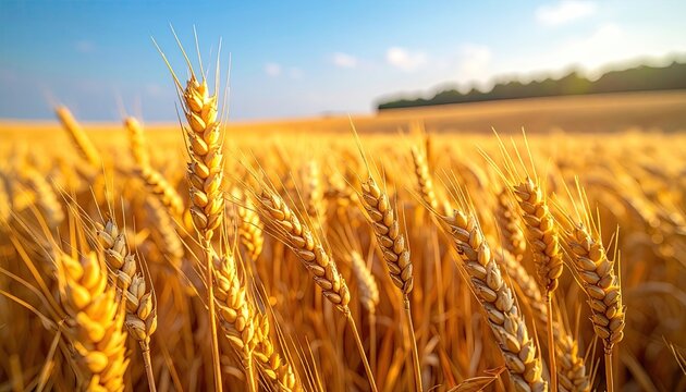 Golden Wheat Field Under a Blue Sky on a Sunny Day Rural Landscape with Focus on Foreground Stalks and Blurry Background with Sun Light