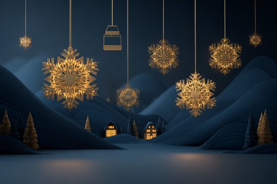A winter holiday scene with golden snowflakes and a ski lift suspended over a snowy landscape, complete with cozy cabins nestled among the gently sloping hills.