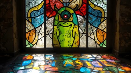 A whimsical stained glass window featuring a colorful cyclopean creature, light cascading on the floor.