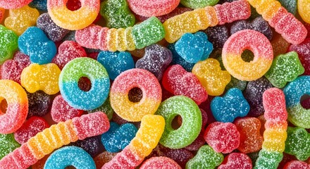 A vibrant and sugary assortment of colorful gummy candies, offering a sweet and playful confection treat.