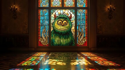 A whimsical monster peers out from a stained glass window, its vibrant colors casting playful light.