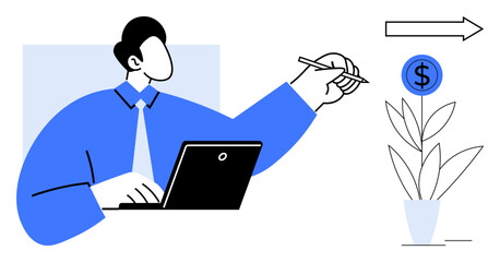 Individual with laptop and pen pointing to a growing plant featuring dollar sign. Ideal for business growth, investment, financial planning, strategy, entrepreneurship, economy, innovation. Simple