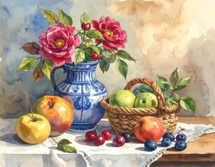 Still life with roses, apples, and fruit