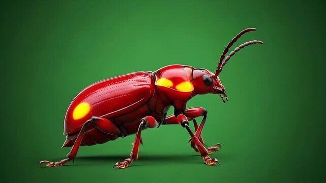 Red Beetle with Yellow Spots on Green Background 