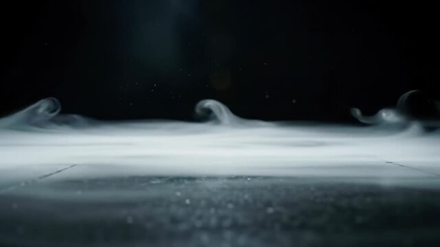 delicate, ethereal white smoke unfurls on vast, polished black granite, dramatically lit by cool top-down shafts, revealing dancing dust. concept of abstract elegance